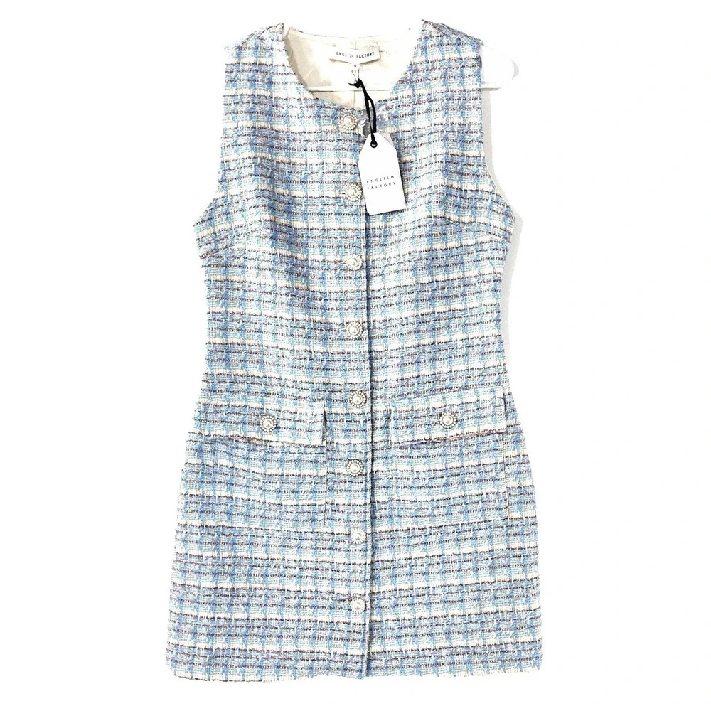 Wool Tweed Pearl Button Mini Dress Mod Woven Baby Blue Retro Womens M NWT $140